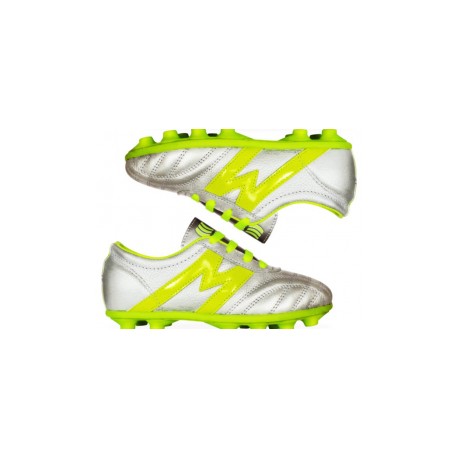 2395-Zapato de fútbol marca Manríquez infantil mod MID TX color plateado con verde